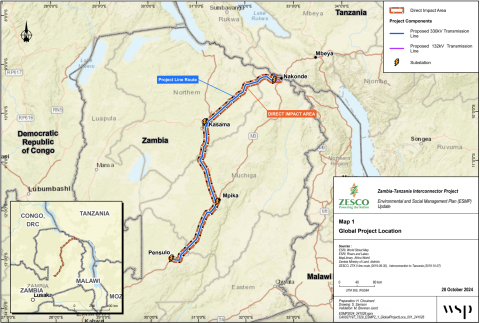 Map showing Zambian portion of Tanzania-Zambia power interconnector