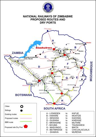 Zimbabwe railway map showing proposed Kafue-Lions Den spur