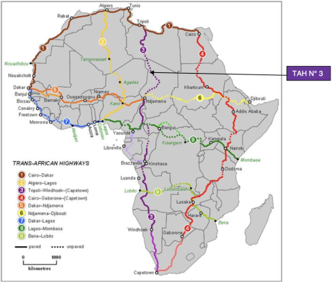 Map showing where Brazzaville-Kinshasa Road-Rail Bridge fits into Trans-African Highway 3